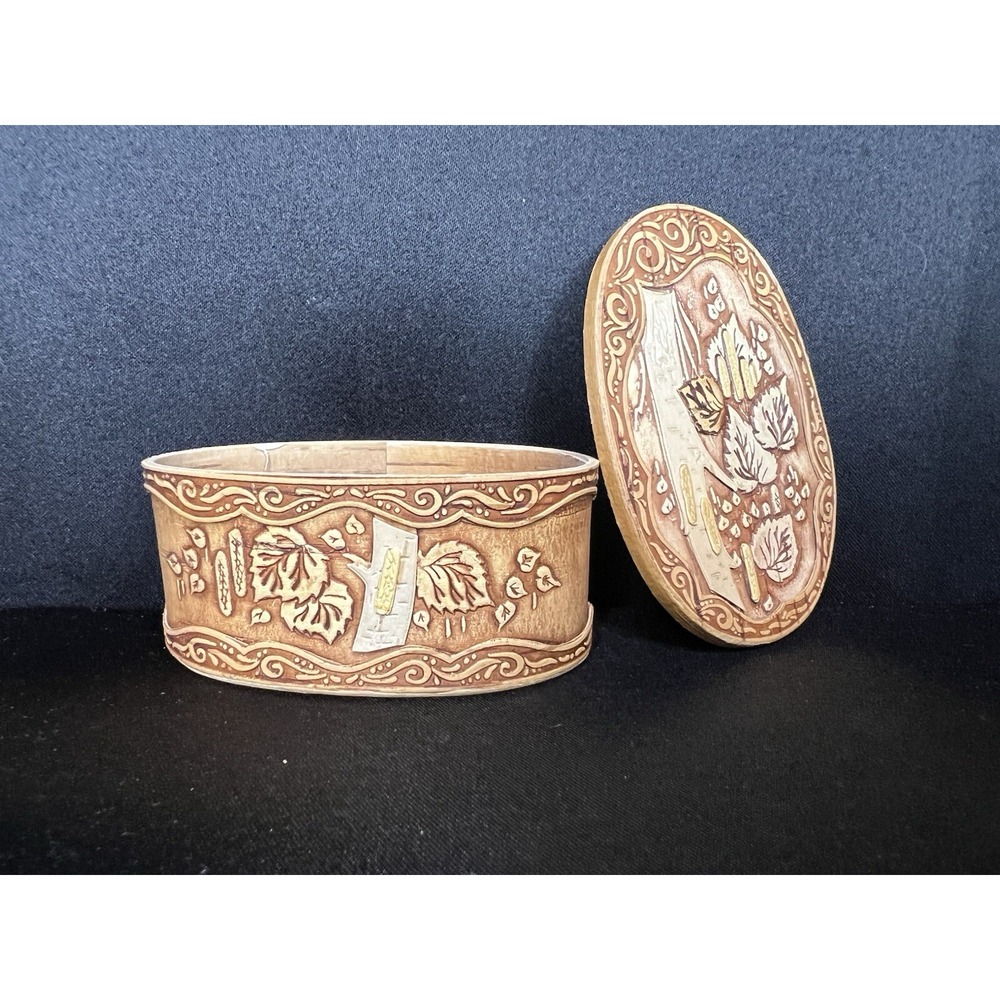 Vintage Hand Carved Russian Wood Birch Bark Oval Trinket Box Boho Leaves